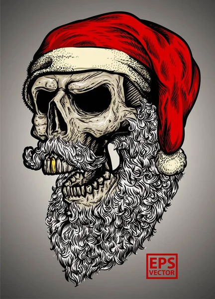 Calavera dibujada a mano con sombrero de Santa Claus CON COLOR fresco — Vector de stock