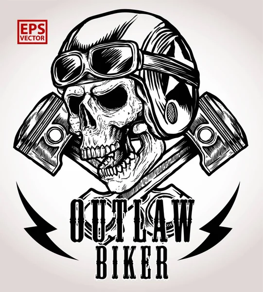 VINTAGE BIKER SKULL VECTOR WITH CROSSED PISTON — Stock Vector