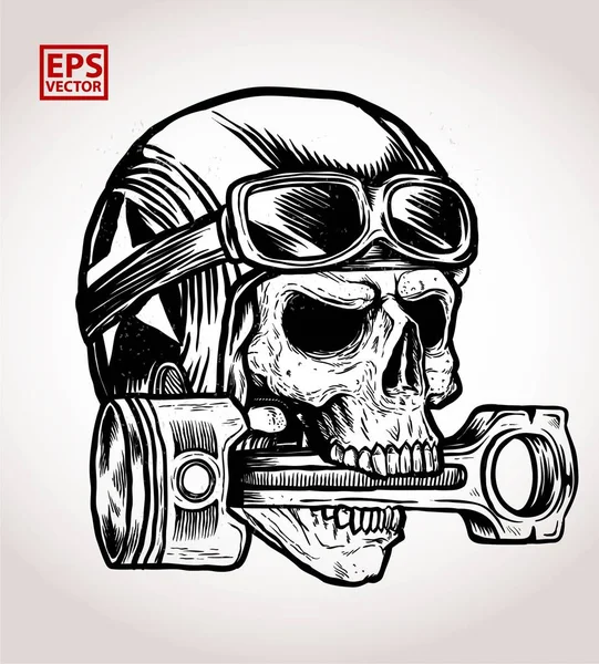 Vintage biker skull bite a piston print vector and illustration — Stock Vector