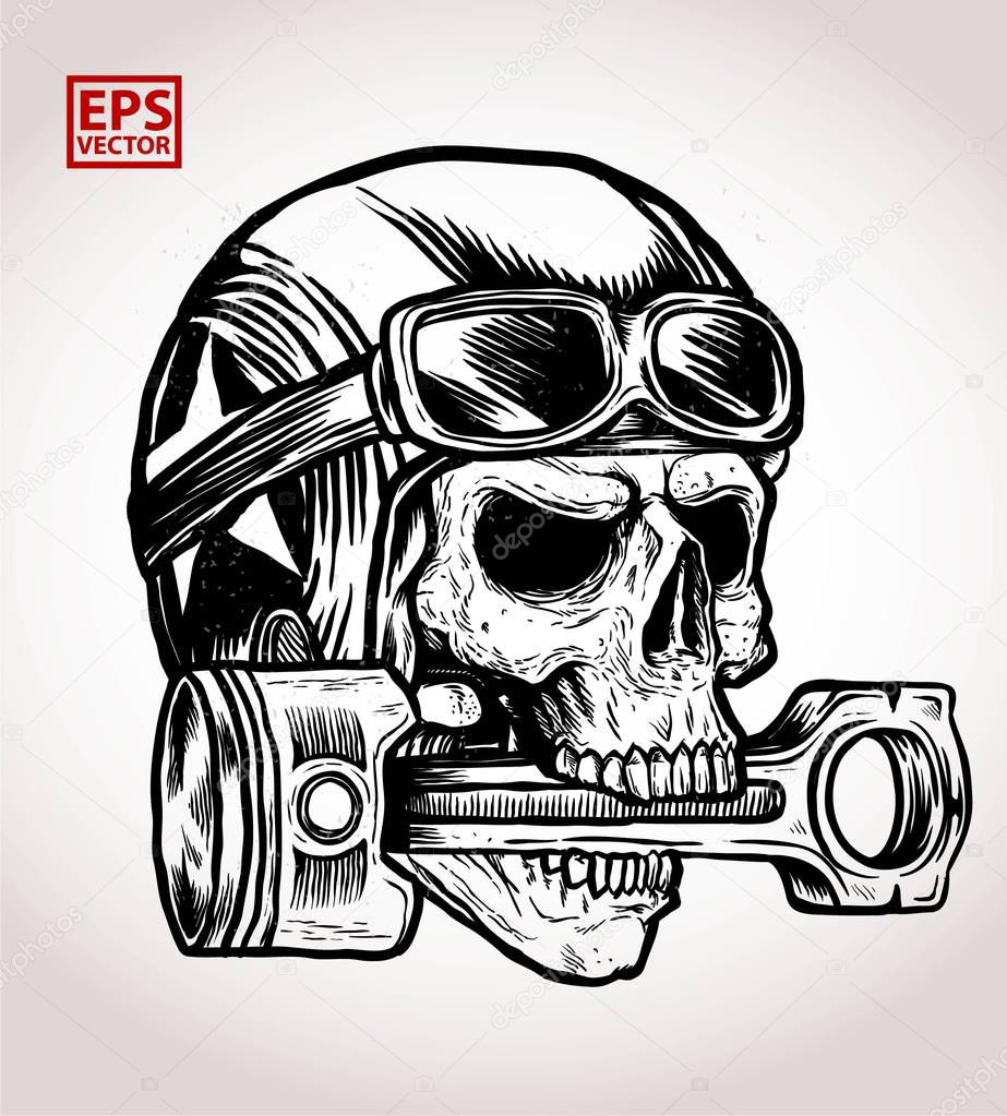 vintage biker skull bite a piston print vector and illustration