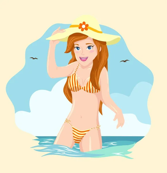 Kobiety Cieszące Się Bikini Plaży Ilustracja Płaski Wektor — Wektor stockowy