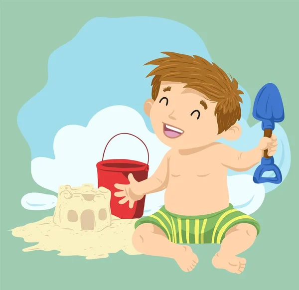 Kid Playing Sand Beach — Stock Vector