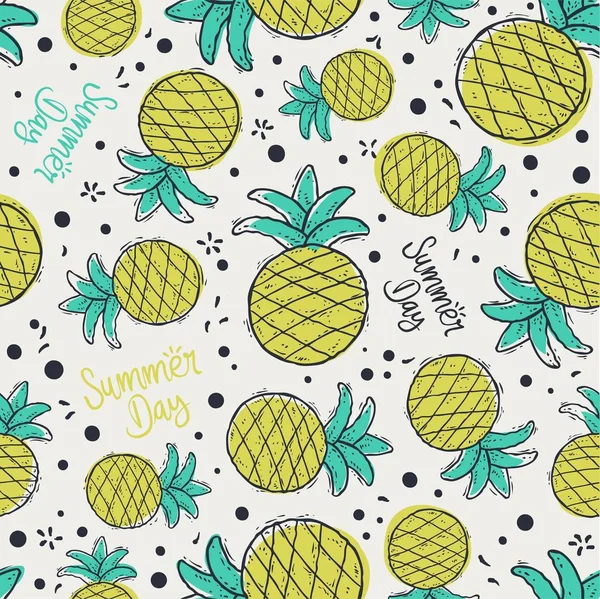 Pineapple Cute Doodle Pattern Background Summer Themed — Stock Vector