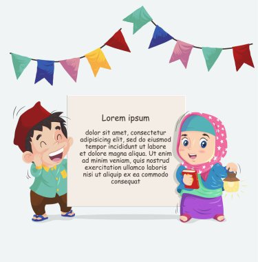 Mutlu çocuklar ve afişler. ya da illüstrasyon ramazan posteri