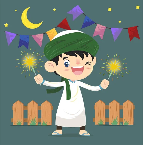 Calligrafia Ramadan Kareem Con Illustrazione Bambino Che Gioca Fuochi Artificio — Vettoriale Stock