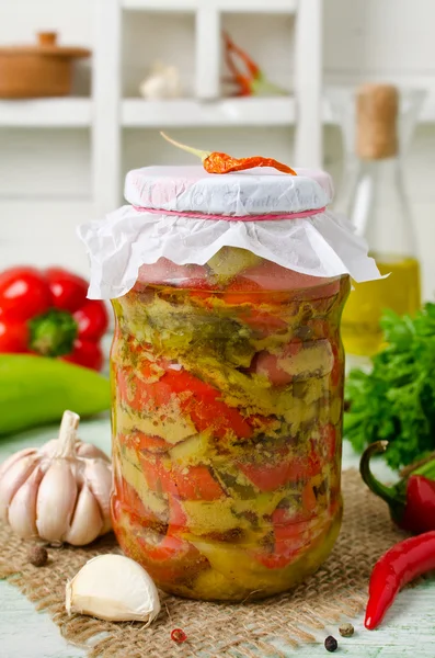 Delicious homemade pickled sweet peppers winter preserve — Stock Photo, Image