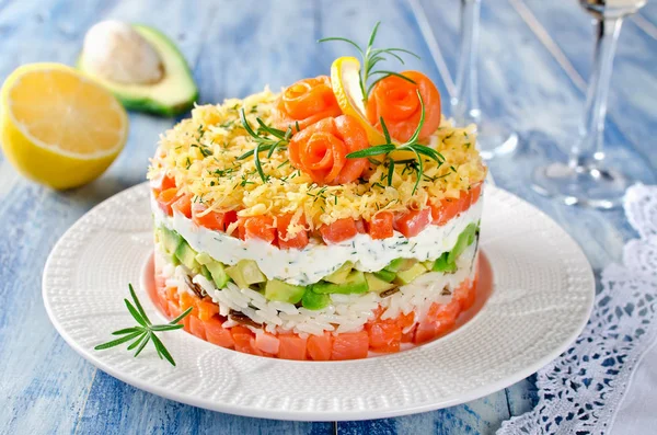 Layered salad with salmon, avocado and cream cheese — Stock Photo, Image