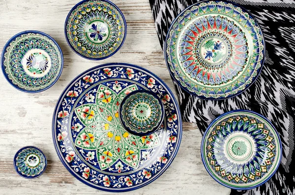 Ethnic Uzbek ceramic tableware.