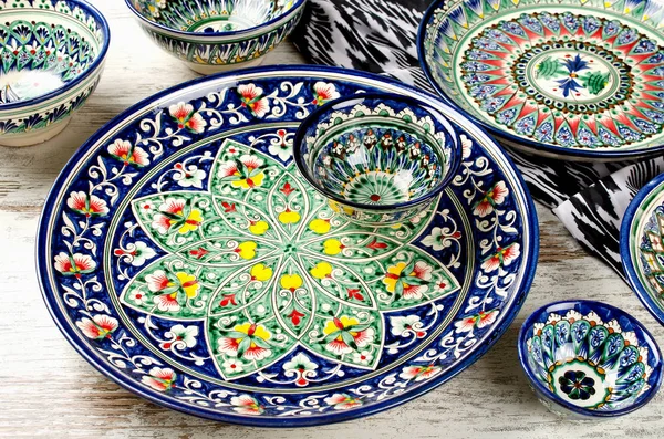 Ethnic Uzbek ceramic tableware.