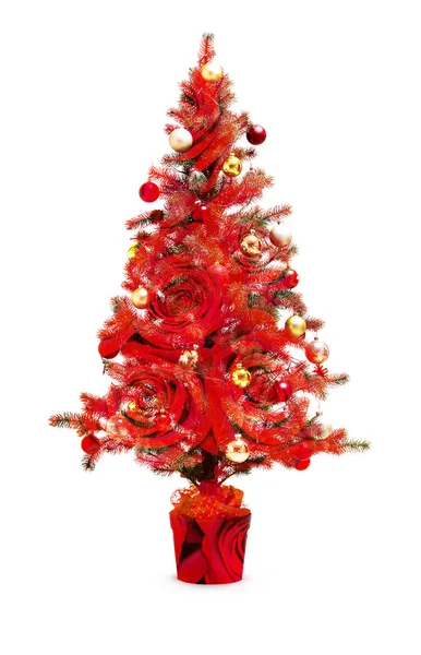 Doppia esposizione: Albero di Natale e sfondo di rose rosse . — Foto Stock