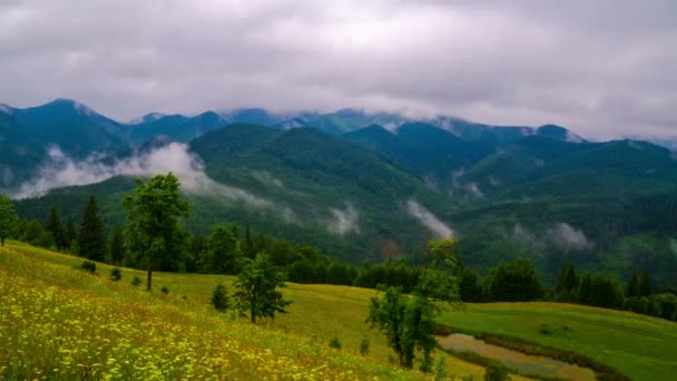 Berglandschap met wolken en mist. — Stockvideo
