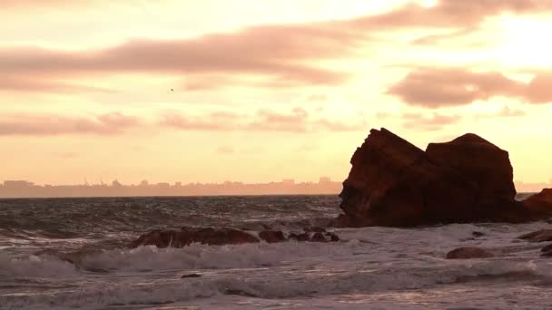 Grumlig solnedgång himlen över havet. — Stockvideo
