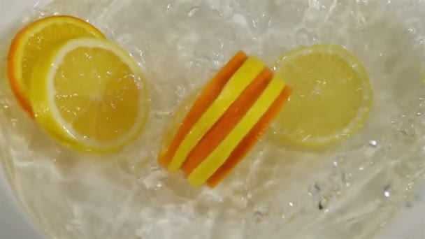 Citrusvruchten segmenten vallen in Water. — Stockvideo