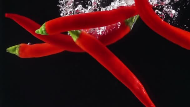 Cayenne amère rouge tombant dans l'eau . — Video