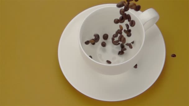 Hele koffiebonen die vallen in de beker. — Stockvideo