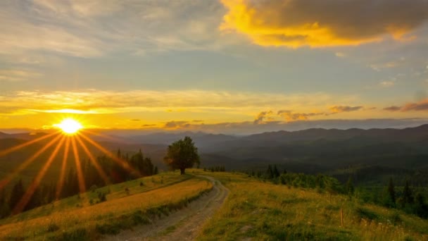 Sonnenuntergangshimmel Den Bergen Mit Einem Einsamen Baum Und Feldweg Vordergrund — Stockvideo