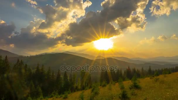 Der Bergwald Vor Dem Hintergrund Des Sonnenuntergangs Zeitraffer — Stockvideo