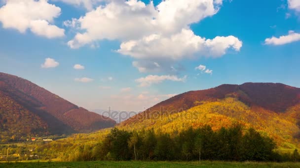 Autumn Mountain Landscape Colorful Trees Fast Fluffy Clouds Shadows Timelapse — Stock Video