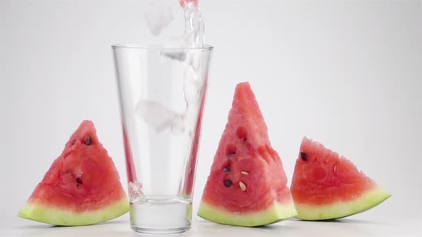 Pouring Soda Water Ice Watermelon Cubes Glass Super Slow Motion — Stock Video