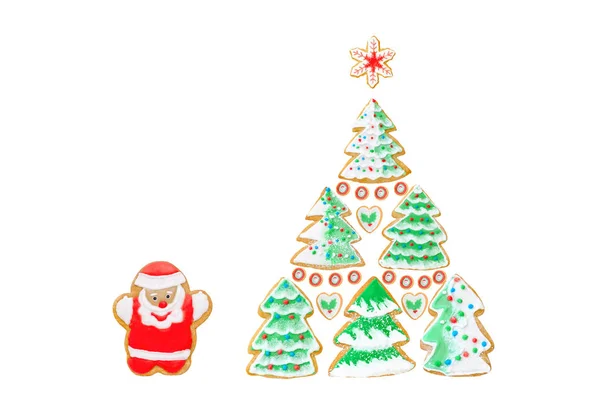 Christmas card with gingerbreads, cookies Santa, trees, snowflake on white — Stock Photo, Image