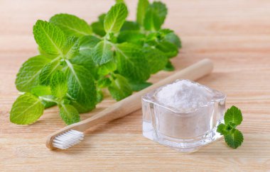Alternatif doğal diş macunu Himalaya tuz ve ahşap diş fırçası, ahşap nane