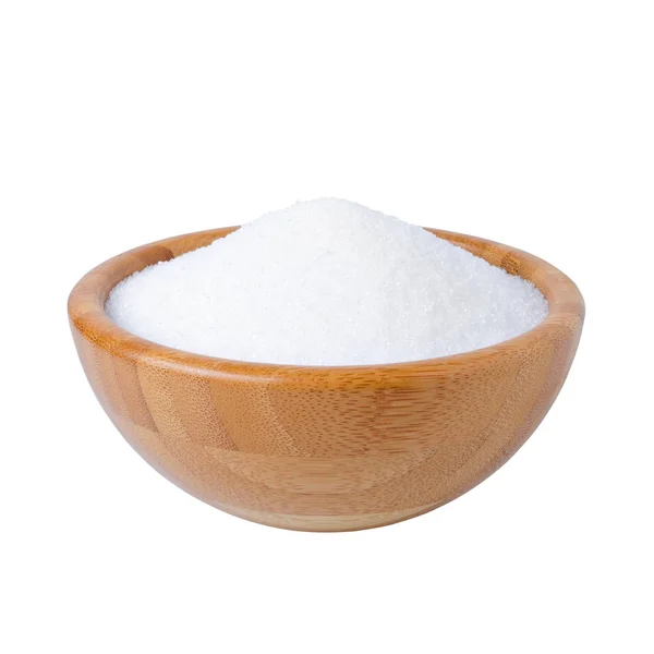 Wooden bowl with sugar isolated on white — Stock Photo, Image