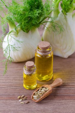 koyu ahşap rezene esans, ampul ve tohum, seçici odak