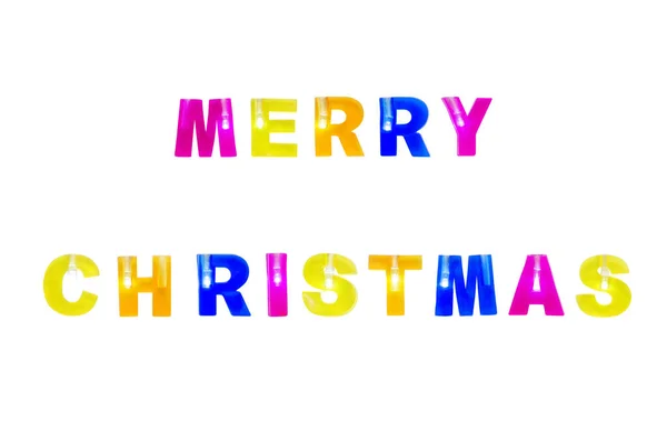 Boldog karácsonyi színes szöveg a fények elszigetelt fehér background — Stock Fotó