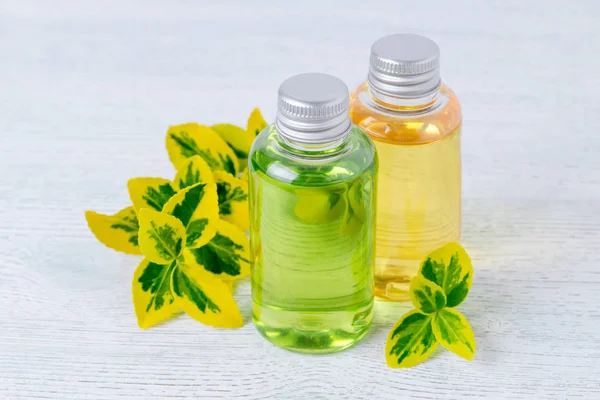 Пляшки натурального гелю для душу та шампуню з рослинами — стокове фото