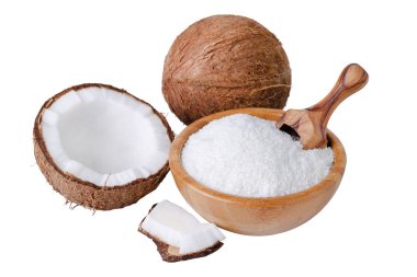 Hindistan cevizi gevreği beyaz izole kepçe ile ahşap bir kasede