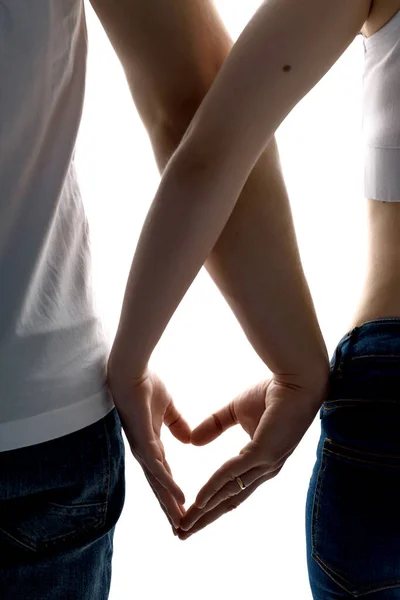 Married Couple Man Woman Crossed Hands Form Heart White Background — Stock Photo, Image