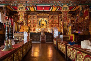Budist manastırlarından birinin Gompa 'sı, Tibet Budizmi. Sunakta yaldızlı bir Buda görünür, ön plandaki müzik aletlerinde - kız tavlama ve Dunkar.