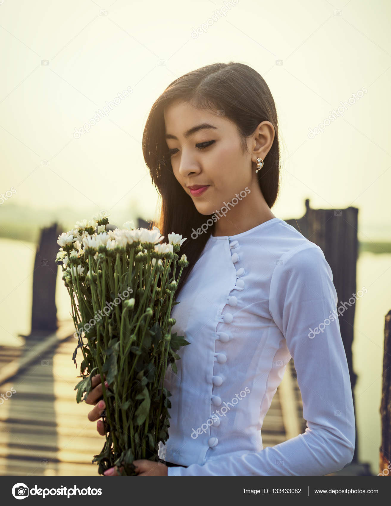 Burmese Wedding Dress Burmese Woman With Flower Stock Photo