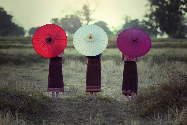 Colorful umbrellas Chiang Mai Thailand Back side portrait — Stock Photo, Image