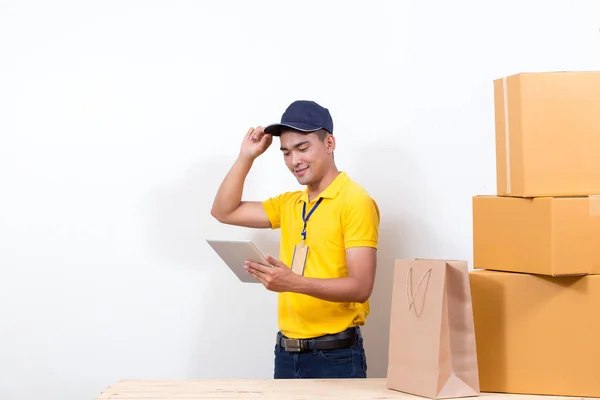 Smart employees cargo delivery man holding tablet