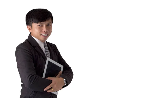 Retrato Ásia Jovem Vestindo Terno Segurando Tablet Sorrindo Branco Isolado — Fotografia de Stock