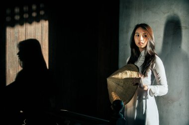 Ao Dai giyen yalnız bir kadın Vietnam 'ın geleneksel elbisesidir. 