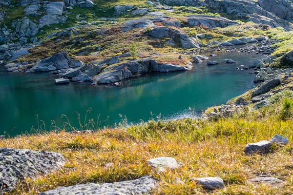 Banque de lac dans les montagnes de l'Altaï, Russie — Photo