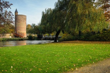 Kule ve ağlayan söğüt Minnewater Park Bruges, Belçika