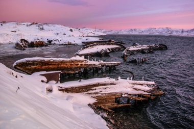 Batık gemi Teriberka, Murmansk bölgesi, Rusya'nın karlı sahile yakın:
