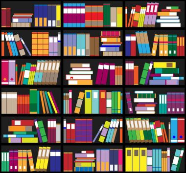 Kitaplık arka plan. Raflar dolusu renkli kitap. Ev Kütüphane kitapları ile. Vektör çizim kadar kapatın. Karikatür tasarım stili.