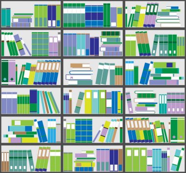 Kitaplık arka plan. Raflar dolusu renkli kitap. Ev Kütüphane kitapları ile. Vektör çizim kadar kapatın. Karikatür tasarım stili.