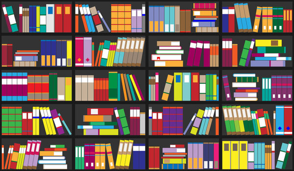 Bookshelf background. Shelves full of colorful books. Home library with books. Vector close up illustration. Cartoon Design Style.