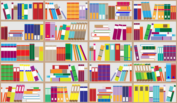 Bookshelf background. Shelves full of colorful books. Home library with books. Vector close up illustration. Cartoon Design Style.