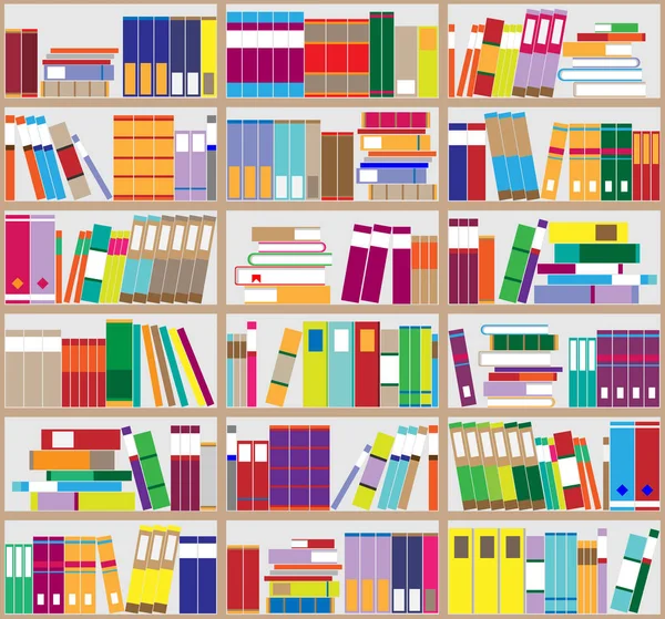 Kitaplık arka plan. Raflar dolusu renkli kitap. Ev Kütüphane kitapları ile. Vektör çizim kadar kapatın. Karikatür tasarım stili. — Stok Vektör