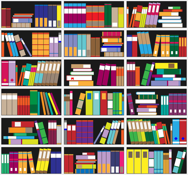 Bookshelf background. Shelves full of colorful books. Home library with books. Vector close up illustration. Cartoon Design Style.