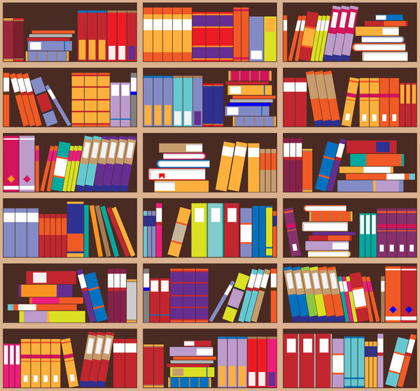 Bookshelf background. Shelves full of colorful books. Home library with books. Vector close up illustration. Cartoon Design Style.