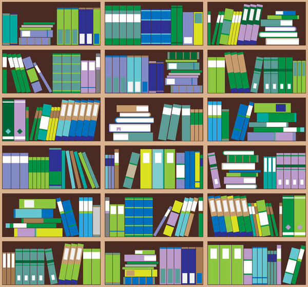 Bookshelf background. Shelves full of colorful books. Home library with books. Vector close up illustration. Cartoon Design Style.