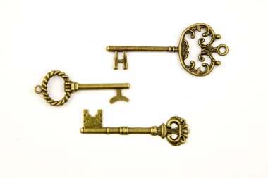 Süs Ortaçağ vintage tuşları ile karmaşık alev almış zambağı öğeleri, Victoria yaprak tomar ve kalp şeklinde swirls dövme, oluşur. Beyaz arka plan üzerinde izole antika altın kapı anahtarı