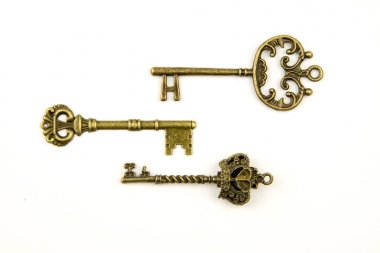 Süs Ortaçağ vintage tuşları ile karmaşık alev almış zambağı öğeleri, Victoria yaprak tomar ve kalp şeklinde swirls dövme, oluşur. Beyaz arka plan üzerinde izole antika altın kapı anahtarı